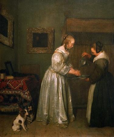 Gerard ter Borch the Younger A lady washing her hands. oil painting picture